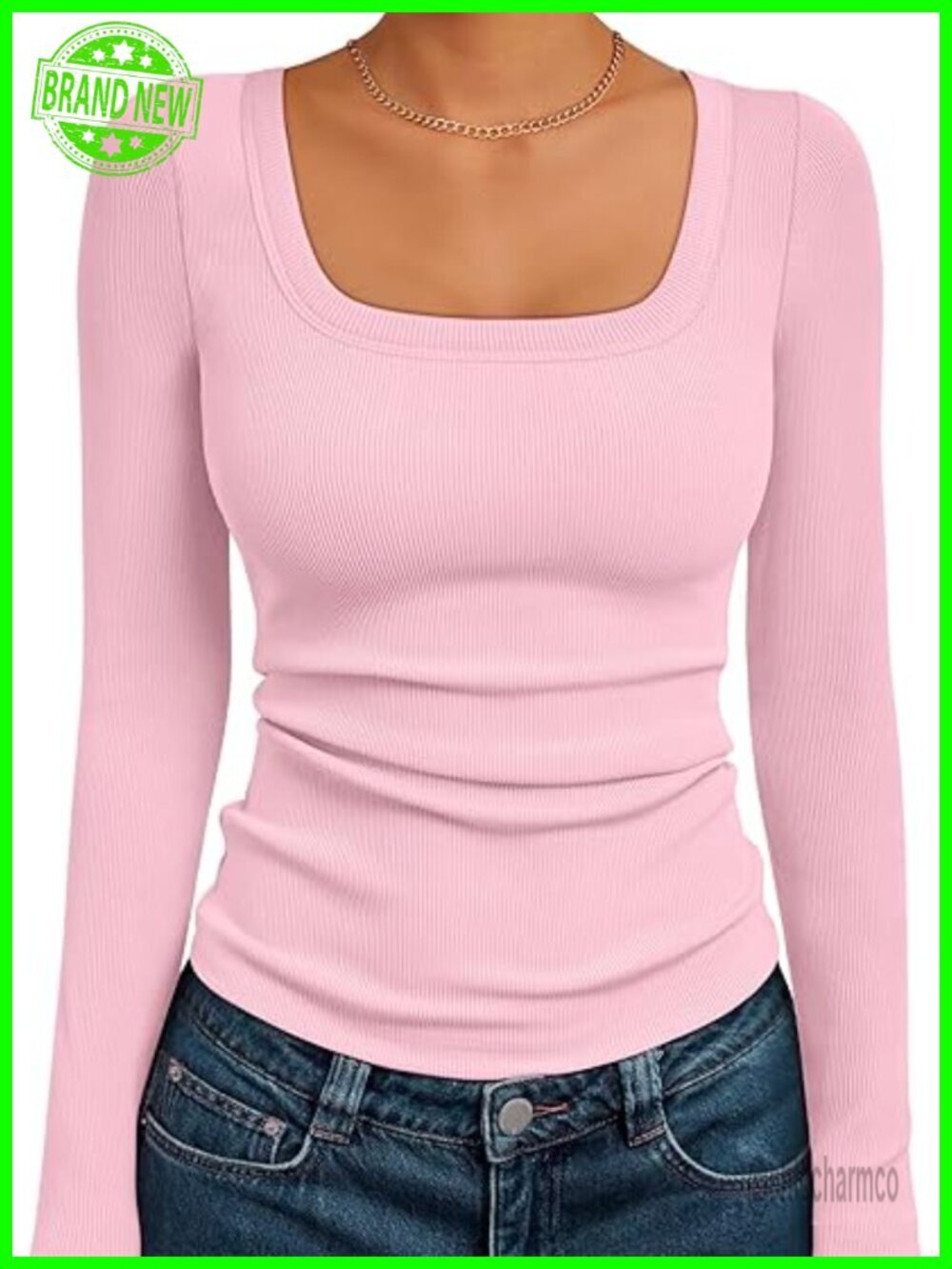 Long Sleeve Square Neck Crop Top Ribbed Slim Fit Tee
